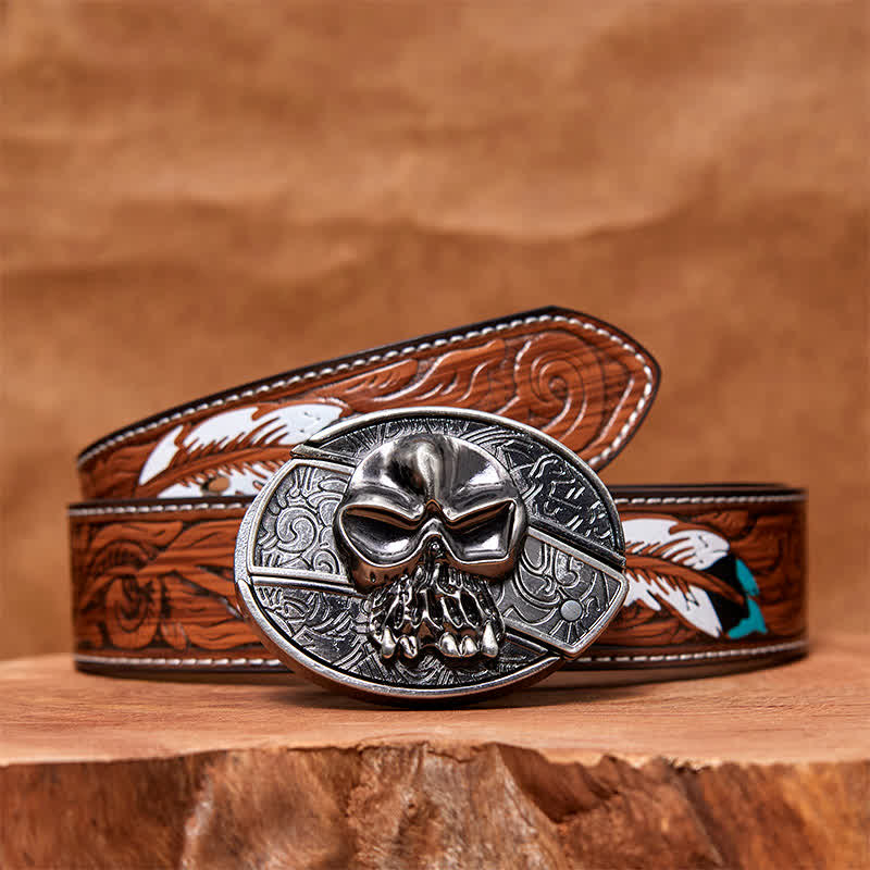 Men's DIY Skull Head Hidden Folding Knife Leather Belt