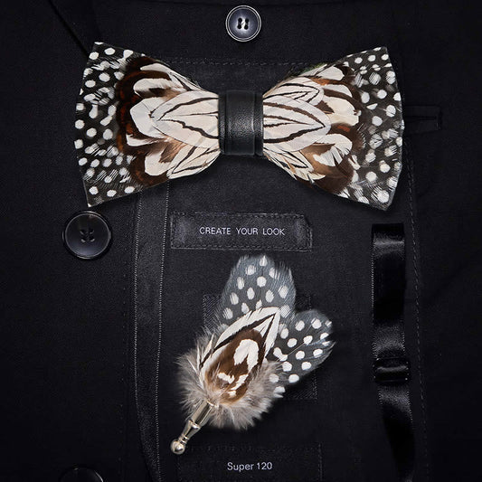 Black & White Owl Feather Bow Tie with Lapel Pin