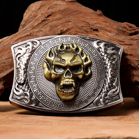 Men's DIY Flame Skull Hidden Folding Knife Leather Belt