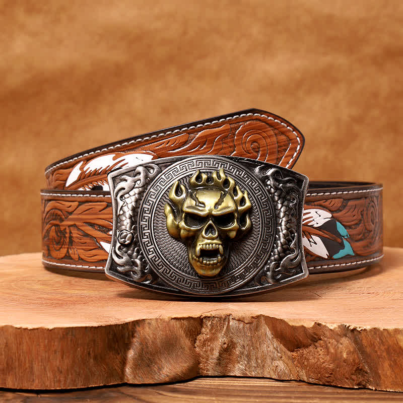 Men's DIY Flame Skull Hidden Folding Knife Leather Belt