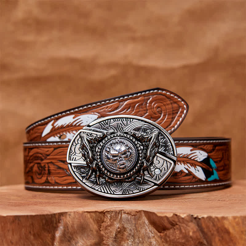 Men's DIY Rotating Skull Hidden Folding Knife Leather Belt