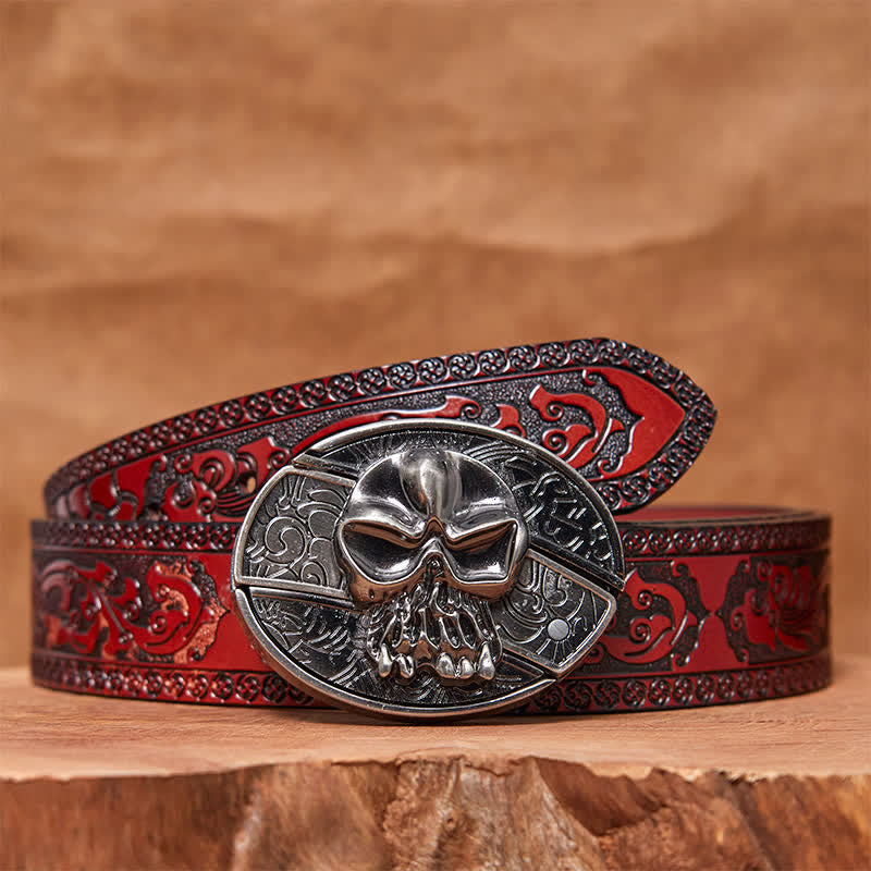 Men's DIY Skull Head Hidden Folding Knife Leather Belt