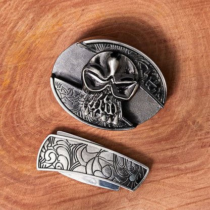 Men's DIY Skull Head Hidden Folding Knife Leather Belt