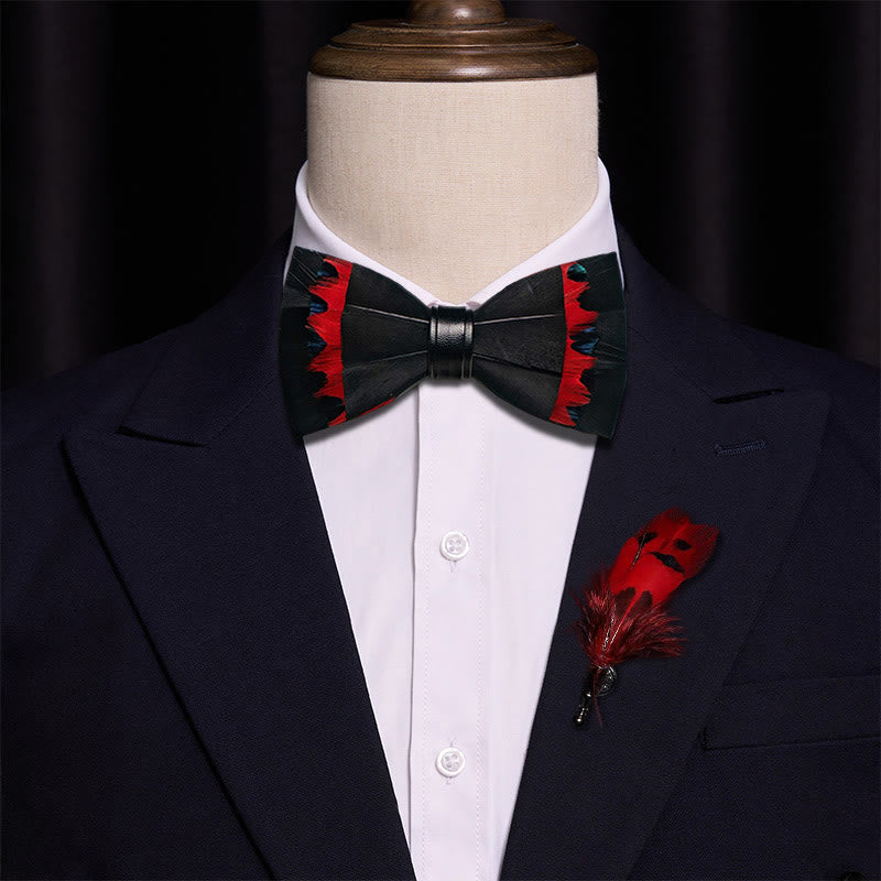 Black & Red Swan Feather Bow Tie with Lapel Pin