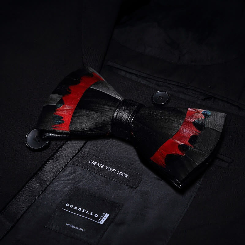 Black & Red Swan Feather Bow Tie with Lapel Pin
