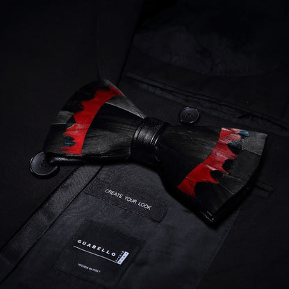 Black & Red Swan Feather Bow Tie with Lapel Pin