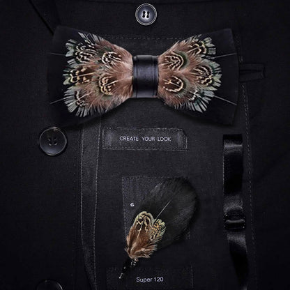 Black & Brown Rich Pheasant Feather Bow Tie with Lapel Pin