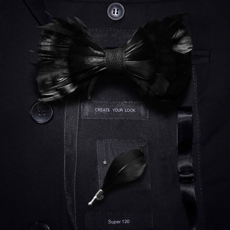 Solid Black Feather Bow Tie with Lapel Pin