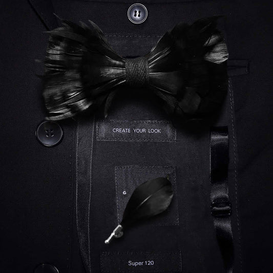 Solid Black Feather Bow Tie with Lapel Pin