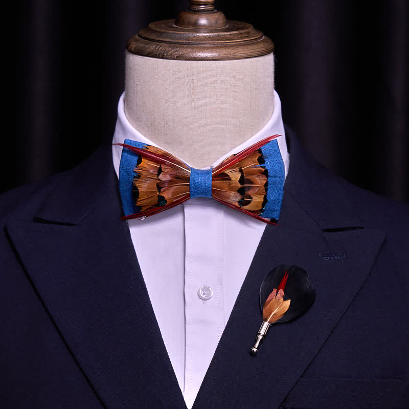 Brown Pheasant Intersected Red Feather Bow Tie