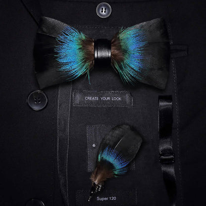 Black & Blue Versatile Feather Bow Tie with Lapel Pin