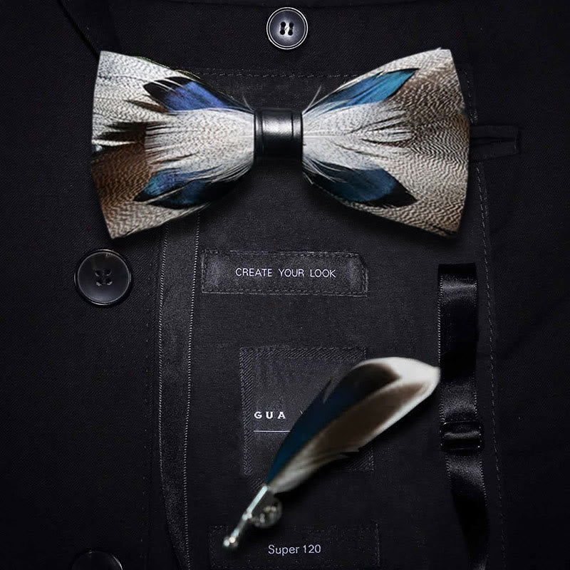 Brown & Blue Peacock Feather Bow Tie with Lapel Pin