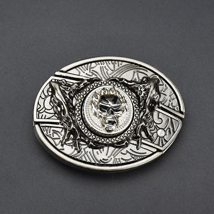 Men's Rotating Skull Leather Belt With Folding Knife
